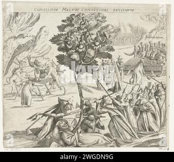 Jesuiten versuchen den Baum der Reform zu hacken, 1618 drucken Eine Prozession von Jesuiten bewaffnet mit Äxten versucht den Baum der Reform zu hacken, ca. 1600-1620. Der Baum stammt aus dem Körper von Martin Luther. Im Baum die weiblichen Personifizierungen der Liebe, des Glaubens, der Hoffnung und der Patientia. Im Hintergrund die Machenschaften der Jesuiten, links die Hellemond und die Teufel. Der Druck gehört zu einem Pamphlet mit dem Titel Jesuiten Ankundfft / Blutdurstige Ratschläg und Practics aus dem Jahr 1618 nach der Vertreibung der Jesuiten aus Böhmen. Das entsprechende Textblatt fehlt in dieser Kopie. Ca Stockfoto