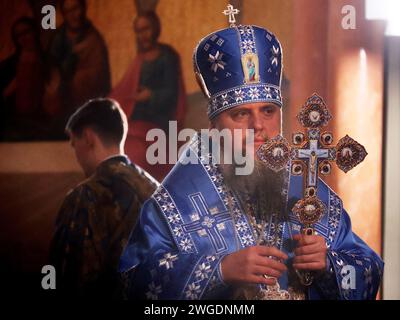 Nicht exklusiv: KIEW, UKRAINE - 2. FEBRUAR 2024 - Primat der orthodoxen Kirche der Ukraine, Metropolit von Kiew und ganz Ukraine seine Seligkeit Epipha Stockfoto