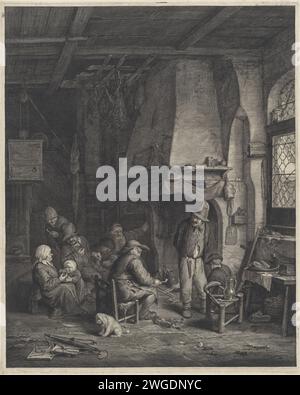Innenhof, Cornelis Visscher (II), nach Adriaen van Ostade, 1638 - 1658 Druck in einem gasthaus, wärmt sich eine Gruppe von Menschen am Kamin. Sie rauchen ihre Pfeife, trinken Bier und unterhalten sich miteinander. Skaten und kaputte Eierschalen liegen auf dem Boden. Fleischstücke hängen vor dem Kamin. Haarlem Papier Ätzen / Gravur inn, Coffee House, Public House, etc. Skates (Wintersport). Offener Herd, Kamin. Pfeife  Tabak. Hund. Gespräch, Dialog; Gesprächsstück Stockfoto