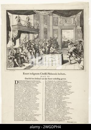Cartoon on the traurige State of France unter der Herrschaft Ludwigs XIV, 1692, 1692 Print Cartoon on the traurige State of France unter der Herrschaft von König Ludwig XIV, 1692. Ludwig XIV. Sitzt traurig auf seinem Thron im Thronsaal. Links steht der schreiende Jacobus II. Und der Grand Dauphin, hinter dem König steht seine Frau Madame de Maintenon. Rechts zwei Jesuiten, darunter Pater Peters, Wilhelm Egon von Fürstenberg und andere. Auf einem Tisch in der Mitte ein Teppich mit phaëthon im Solarauto, Krone und einem Druck aus der Schlacht von Kap La Hogue. Am Boden ein faszinierter protestantischer Gefangener. Eine Kugel wird abgefeuert Stockfoto