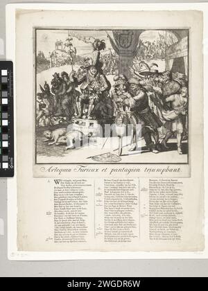Cartoon on Lodewijk XIV and the Dauphin, 1689, 1689 Print Cartoon on Louis XIV (Harlekijn) und Lodewijk, Dauphin van France, 1689. Der Dauphin auf einem von Kröten gezogenen Triumphwagen wird sein Vater Ludwig XIV. Von einem deutschen Soldaten zum Kampf angehalten. Rechts der Papst und der Kardinal von Fürstenberg. Auf der linken Seite flüchtet der Jesuitenvater Peters (Edward Petre) mit Mary van Modena und dem armen Kind Jacobus Frans Eduard auf einem Esel. Im Hintergrund Jacobus II und Willem III Unter der Show ein Vers in 3 Spalten mit einer Erklärung der Zahlen 1-12 in Niederländisch. Nördliche Niederlande Papierätzung / Engra Stockfoto
