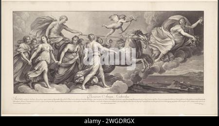 Aurora führt das Auto von Apollo, Jakob Frey (I), nach Guido Reni, 1722 Druck Deutschland Papier Radierung / Gravur Apollo in den Wagen der Sonne, gezeichnet von vier Pferden, normalerweise von Aurora mit einer Fackel; 'Carro del Sole' (Ripa) Stockfoto