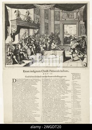 Cartoon on the traurige State of France unter der Herrschaft Ludwigs XIV, 1692, 1692 Print Cartoon on the traurige State of France unter der Herrschaft von König Ludwig XIV, 1692. Ludwig XIV. Sitzt traurig auf seinem Thron im Thronsaal. Links steht der schreiende Jacobus II. Und der Grand Dauphin, hinter dem König steht seine Frau Madame de Maintenon. Rechts zwei Jesuiten, darunter Pater Peters, Wilhelm Egon von Fürstenberg und andere. Auf einem Tisch in der Mitte ein Teppich mit phaëthon im Solarauto, Krone und einem Druck aus der Schlacht von Kap La Hogue. Am Boden ein faszinierter protestantischer Gefangener. Eine Kugel wird abgefeuert Stockfoto