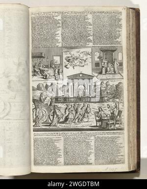 Fehlgeschlagener Entwurf von Ludwig XIV. Und dem Herzog von Anjou, 1706, 1706 Druck Triumphwagen mit Ludwig XIV. Und dem Herzog von Anjou gezogen von sechs Fürsten in Richtung eines Tempels, in dem die spanische Krone aufbewahrt wird. Oben zwei Kartuschen mit Darstellungen mit Jesuiten, 1706. Auf der Platte 3 Spalten Verse in Niederländisch und Französisch. Seitennummer 21 (nummeriert oben rechts) in der Serie von 25 Magazinen mit dem Titel: Gemeinsam an die Koninglyke Almanach, genannt Goldenes Jahr der Alliierten, 1706. Teil der unter dem Sammeltitel „t Lust-Hof von Momus“ veröffentlichten Druckarbeit mit der gebündelten Serie von Cartoons duri Stockfoto