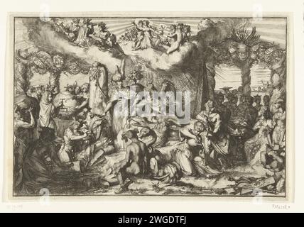 Die Zeit des Friedens zwischen den Völkern, 1674 die Zeit des Friedens zwischen den Völkern. Der Frieden blickt vom Himmel auf die Harmonie zwischen den Nationen der vier Kontinente Europa (auf dem Thron), Asien (mit Kamel), Afrika (mit Strauß) und Amerika (mit Krokodil). Links und rechts beziehen sich auf die Schließung der Triple Alliance im Jahr 1668. Allegorie der politischen Situation in der Republik im Jahr 1674. Oben rechts nummeriert: 1. Amsterdam Papierätzung / Gravur Europa symbolisiert allegorisch; "Europa" (Ripa). Asien war allegorisch vertreten; "Asia" (Ripa). Afrika repräsentierte allegori Stockfoto