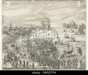 Abreise der Königin Henrietta Maria von Scheveningen nach England, 1643, 1643 Drucken die Abreise der englischen Königin Henrietta Maria von Scheveningen nach England, 29. Januar 1643. Am Strand eine große Menschenmenge mit Waggons, Fahrern und Zuschauern, links in der Ferne das Dorf Scheveningen, am Strand wird die rosa Königin zu ihrem Schiff gehen, um zu nehmen. Am Strand verabschiedet sich die Königin von Frederik Hendrik, Prinz Willem und Maria Stuart, Königin Elisabeth van Bohemen und Vertretern der Generalstaaten. Ein Textblatt gehört zum Ausdruck. Die Haager Papierätzung Abreise  Reise Stockfoto