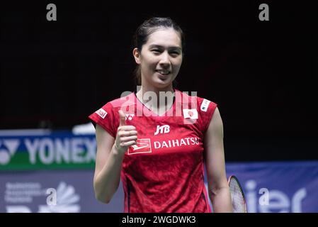 Bangkok, Thailand. Februar 2024. Aya Ohori aus Japan feiert während des Einzelfinalspiels der Badminton Frauen bei den Princess Sirivannavari Thailand Masters 2024 im Nimibutr Stadium. Aya Ohori gewann Supanida Katethong 2:1 (18:21, 21:17, 21:13) Credit: SOPA Images Limited/Alamy Live News Stockfoto