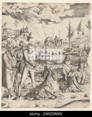 Das Martyrium der Heiligen Catharina, Monogrammist MZ, 1500 - 1503 Druck die heilige Catharina kniet auf dem Boden. Ein Henker zieht sein Schwert, um sie zu enthaupten. Hinter ihm sind zwei andere Männer, mit Tulpenreifen auf dem Kopf. Für Catharina sind drei engelhafte Wesen mit einem großen Laken bereit, ihren Kopf zu fangen. Zwei Festungen im Hintergrund und das Rad, das durch einen Blitz zerstört wurde, bevor Catharina daran gefoltert werden konnte. Deutschland Papierstich St.. Katharina von Alexandria wird enthauptet Stockfoto