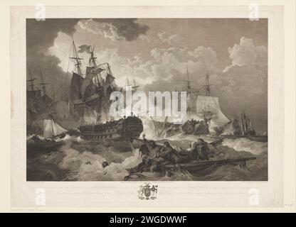 Schlacht von Kamperduin, 1797, 1801 Drucken britischer Sieg in der Seeschlacht bei Kamperduin am 11. Oktober 1797 zwischen der Batavianischen Flotte unter dem Kommando des Vizeadmiral Jan Willem de Winter und einer britischen Flotte unter Adam Duncan. Links das britische Schiff The Venerable, rechts davon das niederländische Schiff de Vrijheid ohne Mast. Im Vordergrund hängen ertrinkende Menschen an Wrackteilen. Der Ausdruck enthält auch einen Schlüssel. Printmacher: EnglandAfter Malerei von: EnglandPublisher: London Paper Radiching / Graving Battle (+ Marine Force). Schlacht von Camperdown Stockfoto