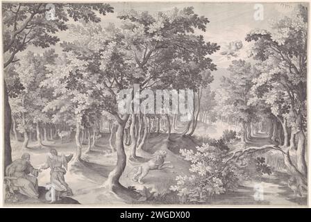 Die fünfte Vision von Esra, Nicolaes de Bruyn, 1613 drucken die fünfte Vision von Esra. In einem Haufen brüllt ein Löwe in den Himmel, wo sich ein brennender Adler mit drei Köpfen verschlingt. Links im Vordergrund erklärt ein Engel dem Propheten Esra (2 Esra) die Vision. In der oberen rechten Ecke das Tetragramm als Symbol für Gott den Vater. Antwerpener Papiergravur Ezras Vision vom Adler und Löwen (2 Esdras 11-12) (+ Engel). Esras Vision des Adlers und des Löwen (2 Esdras 11-12) (+ Gott der Vater in Form des Lichts). Tetragramm (in römischer oder hebräischer Schrift)  Symbol Gottes Vater Stockfoto