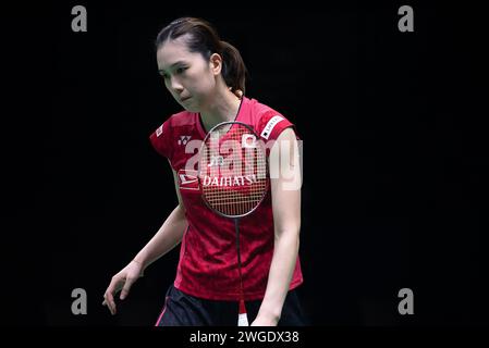 Bangkok, Thailand. Februar 2024. Aya Ohori aus Japan spielt gegen Supanida Katethong aus Thailand (nicht abgebildet) während des Badminton Women's Single Final Match in den Princess Sirivannavari Thailand Masters 2024 im Nimibutr Stadium. Aya Ohori gewann Supanida Katethong 2:1 (18:21, 21:17, 21:13) (Foto: Peerapon Boonyakiat/SOPA Images/SIPA USA) Credit: SIPA USA/Alamy Live News Stockfoto