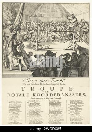 Cartoon über Jacobus II. Und Lodewijk XIV. Als Cordtänzer, 1689, 1689 – 1690 Print Cartoon über Jacobus II. Und Ludwig XIV. Als Cordtänzer, 1689. Auf einem Festplatz fallen Jacobus II. Und seine Frau Maria van Modena mit einem Kind aus der Schnur. Auf der rechten Seite sind Ludwig XIV. Und sein Sohn de Dauphin bereit, auf die Schnur zu gehen. Im Vordergrund die Musiker, in denen Willem III. (Links auf der Bühne) die erste Geige spielt, hinter ihm ein niederländischer Seemann. Unter der Abbildung ist ein Vers in 4 Spalten mit einer Aussage der Zahlen 1-22 in Niederländisch gezeigt. Nordholland Papierätzung / Gravur / Buchdruck eng rop Stockfoto