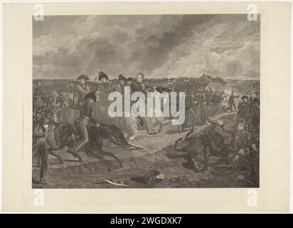 Prinz von Orange in der Schlacht von Quatre-Bras, 1815, 1817 Druck der Prinz von Orange führt die niederländischen Truppen zu Pferd während der Schlacht von Quatre-Bras, 16. Juni 1815. Zentral der Prinz zu Pferd, umgeben von seinem Stab. Rechts die niederländische Infanterie auf den aufrechten französischen Kurassieren. Im Vordergrund, verletzte Milien am Boden. Links im Hintergrund wird der tödlich verwundete Frederik Willem, Herzog von Brunswijk-Lüneburg-Oels vom Schlachtfeld getragen. Siehe auch Hängegerät. Druckerei: Netherlandsnach Design von: Brüssel Papierätzung Kampf (+ Landstreitkräfte) achtzig-weiß Stockfoto