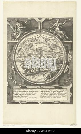 Reproduktion des Druckes mit der Ausgrabung der Festungen durch die Antwerpener Einwohner, 1577, 1877 Druckausgabe des Druckes mit der Ausgrabung der Festungen durch die Antwerpener Einwohner, 23. August 1577. Prozession der Einwohner Antwerpens, bewaffnet mit Pik und Körben, auf dem Weg zur Zitadelle. Im Hintergrund der Abriss und Ausgrabung der Festung. Präsentation in einem runden Medaillon mit ornamentalem allegorischem Rahmen mit oben sitzenden weiblichen Personifikationen von Vlijt (Diligentia) und Freiheit (Libertas). Am Boden einer Kartusche mit 2 Versen von 6 Zeilen e Stockfoto