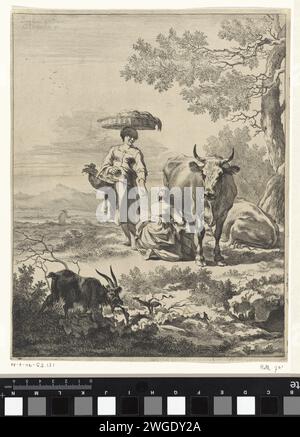Melking Woman, Cornelis Visscher (II), nach Nicolaes Pietersz Berchem, 1657 - 1658 Print Ansicht einer sanften Landschaft, in der eine Frau aus einer Baumgruppe eine Kuh melkt. Neben ihr ist eine Frau mit einem Korb auf dem Kopf. Im Vordergrund knabbert eine Ziege an einem Blatt. Haarlem Papierätzung / Gravur Melken. Landschaften. Tragen Sie etwas in Korb, Tasche, Rucksack usw. Ziege. Kuh. Etwas auf dem Kopf oder auf den Schultern tragen Stockfoto
