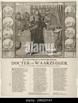 Der italienische Wahrsager, CA. 1704-1708, 1704 - 1708 Druck Allegory mit dem italienischen Wahrsager, der Rezepte zur Heilung der französischen Krankheit zeigt. Links sieht ein Jesuit und Priester erschreckt aus. Auf beiden Seiten wird in Medaillons die Schlacht zwischen Frankreich und den Alliierten durch Tiere dargestellt. Auf dem Blatt unter der Platte 3 Spalten Text in Niederländisch. Teil einer Gruppe von Einzelcartoons über Ludwig XIV. Während des Spanischen Erbfolgekrieges, ca. 1701-1713. Nordholland Papierstich / Buchdruck politische Karikaturen und Satiren. Arzt, Arzt. Wahrsagerin  Pleasu Stockfoto