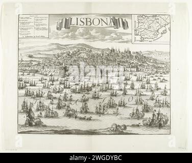 Ankunft der Hollands-englischen Flotte mit König Karl III. In Lissabon, 1704, 1704 Drucken Ankunft der Hollands-englischen Flotte mit König Karl III. (Erzherzog Karl von Österreich) in Lissabon an Bord, 7. März 1704. Blick auf Lissabon mit den Schiffen der Flotte auf dem Fluss Tejo für die Stadt. Oben links in der Legende, oben rechts eine Wette mit einer Karte von Spanien und Portugal. Druckerei: Northern Netherlandspublisher: Amsterdam Papierätzung / Gravur Lissabon Stockfoto