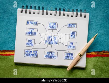 Tipps zum Wohlbefinden – Infografiken oder Mindmap-Skizze in einem Notebook, Konzept für gesunden Lebensstil Stockfoto