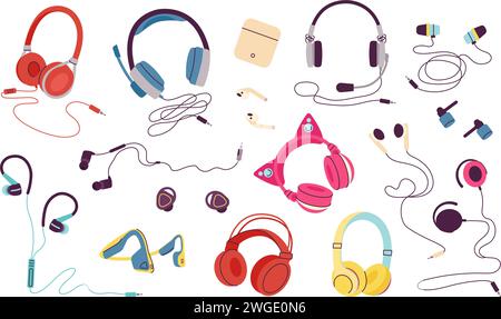 Kopfhörer. Cartoon-Kopfhörer, kabellose und kabelgebundene Audiogeräte. Isolierte Ohrhörer für Geräte, Smartphones und Musikaufnahmen, anständiges Vektorset Stock Vektor