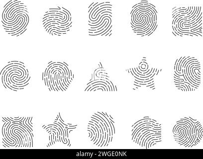 Fingerabdruck in verschiedenen Formen. Gefütterte Fingerabdrücke in Stern-, rund- und Dreiecksform. Isolierte persönliche Identifikationselemente, anständiges Vektorset Stock Vektor