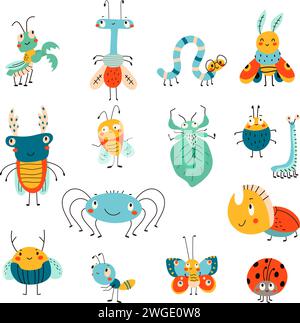 Niedliche Insekten im Kritzelstil. Isolierter Käfer und Wurm, Schnecke und raupe. Abstrakter Schmetterling und Spinne. Lustige Kinder heutzutage Vektorfiguren Stock Vektor