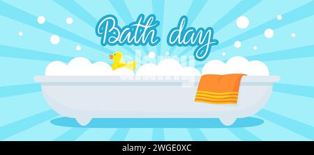 Banner zum Badetag. Seifenblasen, gelbe Ente und Handtuch auf der Badewanne. Badezimmermöbel und -Accessoires, Selbsthygiene-Cartoon-neoterische Vektorplakate Stock Vektor