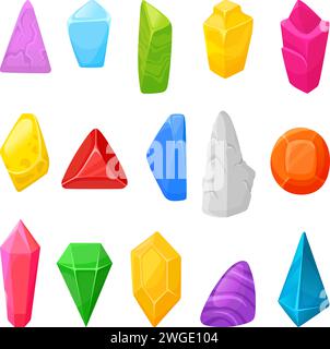 Clipart für Cartoon-Edelsteine. Schmuckkollektion und Edelstein für Spiele. Isolierte bunte Kristalle, glänzende Edelsteine, brillant, Saphir. Neoterische Vektorspiele Stock Vektor