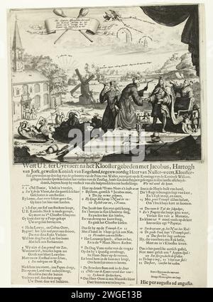 Cartoon on Jacobus II After the Loss at Cape La Hogue, 1692, 1692 Print Cartoon on the English King Jacobus II. Nach dem Sieg der Niederländer und Engländer über die Franzosen in der Schlacht von Kap La Hogue im Kanal, 29. Mai bis 3. Juni 1692, und auf seine Absicht, das Kloster zu betreten. Jacobus als Mönch mit gebrochener Krone und gebrochenem Zepter verabschiedet sich von König Ludwig XIV. Mit einem Abschiedsdrink. Hinter dem König und Jesuiten mit Fernglas. Links das Kloster, außerdem eine Windmühle, ein Mönch, der vom französischen Hahn in einen Wagen gezogen wurde, tanzende Affen usw. im Hintergrund die Seeschlacht. O Stockfoto