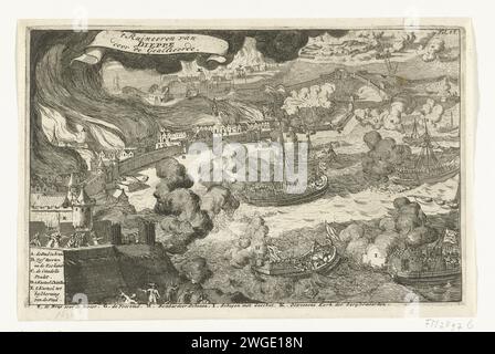 Bombardierung Van Dieppe durch die Alliierten, 1694, 1694 Bombardierung der französischen Hafenstadt Dieppe durch die kombinierte englische und niederländische Flotte, 22-23. Juli 1694. Die Stadt brennt. Unten links und unten auf dem Album The Legenda A-K auf Niederländisch. Oben rechts markiert: Fol 88. Amsterdam Papierätzung / Gravur Bombardment Dieppe Stockfoto