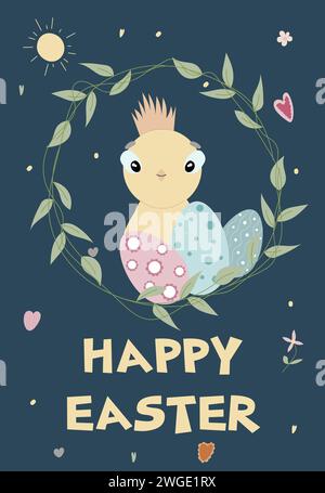 Vektor-Illustration mit Osterkranz und Huhn für Karten und Poster, etc. Stock Vektor