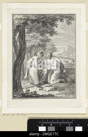 JeroBeam und der Prophet Achia, Reinier Vinkeles (I), 1768 Druck der Prophet Achia hat seinen Mantel in zwölf Stücke zerrissen und überreicht zehn Stücke an JeroBeam. Der zerrissene Mantel symbolisiert die Spaltung des jüdischen Volkes. JeroBeam wurde König von zehn der zwölf Stämme. Amsterdamer Papierätzung / Gravur Begegnung von Jerobeam und dem Propheten Ahijah; Ahijah reißt sein Kleid in zwölf Stücke, von denen er zehn Jerobeam gibt Stockfoto