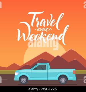 Reisehintergrund Off-Road-Auto in Cartoon-Landschaft. Hintergrund für Vektorkonzept für Reisende Stock Vektor