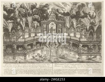 Feuerwerk bei der Friedensfeier von Utrecht, 1713, 1713 Print Stellage mit Feuerwerk im Auftrag der Generalstaaten auf dem Hofvijver in den Haag bei der Friedensfeier von Utrecht, 14. Juni 1713. In der Überschrift de titels und die Legenden am Feuerwerk auf Niederländisch und Französisch. Nordniederländische Papierätzfeier (+ Beleuchtung, Feuerwerk  festliche Aktivitäten). Lagerfeuer, Feuerwerk Hofvijver Stockfoto