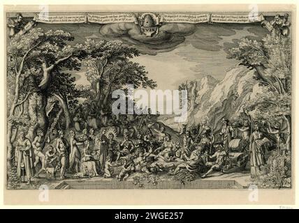 Feier der ersten jährlichen Feier der Amsterdam Schouwburg, Claes Jansz. Visscher (II), nach David VinckBoons, 1618 Druckszene aus einem allegorischen Stück „der Goden Landspel“, aufgeführt am 1. August 1618 anlässlich der ersten jährlichen Feier der ersten Amsterdam Schouwburg, der ersten niederländischen Akademie, die 1617 von Samuel Coster gegründet wurde. In der Mitte sitzen die Götter zusammen, rechte allegorische Charaktere, die mit Amsterdam verbunden sind. Im Hintergrund Musiker Frauen und freie Künste. Oberhalb des Bienenstocks mit der Inschrift „Yver“; auf beiden Seiten ein Vers aus acht Zeilen in f Stockfoto