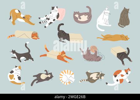 Niedliche Katzen. Haustierverhalten lustige Katzen und Kätzchen spielen entspannendes Sitzen und Schlafen neuere Vektor-stilisierte Illustrationen in flacher Form Stock Vektor