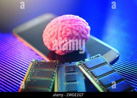 Gehirn Auf Smartphone Mit Computerplatinen, Symbol Photo Neurotechnology Stockfoto