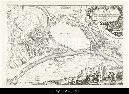 Karte der Stadt Namur mit der Burg, belagert von der französischen Armee, 1692, 1692 drucken Karte der Namen der Stadt mit der Burg, belagert von der französischen Armee, 25. Mai bis 30. Juni 1692. An der Spitze unter der Cartouche, bietet die Kapitulation der Stadt an den französischen Kommandanten. Am Boden fortschreitende Kavallerie. Druckerei: Frankreich (möglicherweise) Verlag: Paris Papier graviert Stadtpläne. Belagerung, Position der Kriegsnamen (Stadt). Schloss Namur Stockfoto