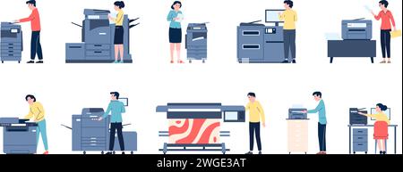 Arbeiter in Druckerei. Personen, die mit Polygrafie-Tools arbeiten. Druckt, Farben auswählen, Faxen durchführen. Typografie-Ausrüstung, neuere Vektorflachbilder Stock Vektor