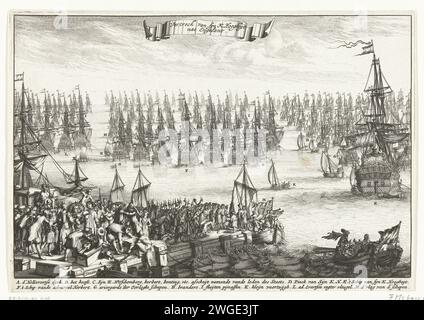 Abreise von Willem III. Nach England, 1688, 1689 Drucken die Abreise von Prinz Wilhelm III. Von Hellevoetsluis nach England, 11. November 1688. Der Prinz verabschiedet sich vom Pier, ein großes Flottenschiff ist vor der Küste vor Anker. In der Bildunterschrift de Legenda A-M. Nord-Niederlande Papierätzung Abreise  Reise Hellevoetsluis Stockfoto