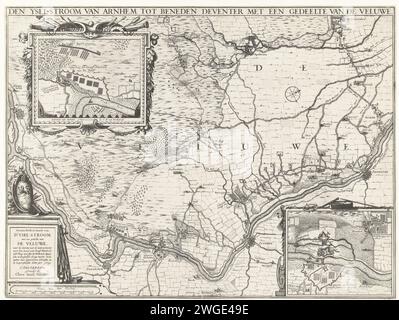 Inval des Grafen Hendrik van den Bergh in der Veluwe, 1629, 1629 Print Karte des Verlaufs der IJssel durch das Gebiet zwischen Arnheim und Deventer mit der Invasion des Grafen Hendrik van den Bergh in die Veluwe, Juli 1629. Mit zwei separaten kleinen Karten des Grafen der Bergh-Armee Platz im Haus in Dieren und Viertelstunde bei Brummen van Dulcken, Gouverneur von Grol. Amsterdam Papier-Ätzkarten von verschiedenen Ländern oder Regionen IJssel. Veluwe Stockfoto