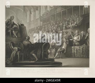 Rede von Lodewijk XVI., Luigi Schiavonetti, nach William Miller, 1796 Druck Ludwig XVI. Hält eine Rede für den Nationalkonvent. Text in englischer Sprache am unteren Rand. Druckerei: Italien Verlag: London Paper Historical Persons. gerichtssitzung (Gerichtshof) Stockfoto