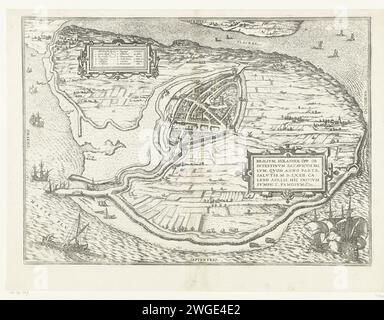 Karte der Insel Voorne und Karte von Brielle, 1572, 1623 drucken Karte der Insel Voorne mit einer Karte von Brielle Watergeuzen, die am 1. April 1572 in Vogelperspektive aufgenommen wurde. Oben links eine Kartusche mit einer niederländischen Legende 1-16. Rechts eine Kartusche mit dem Titel in lateinischer Sprache. Unten links ein Fischerboot, unter zwei Kriegsschiffen. Auf dem lateinischen Verso-Text. Kölner Papier-Ätzen / Buchdruck Karten von verschiedenen Ländern oder Regionen. Stadtpläne Brielle Stockfoto