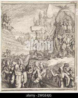 Allegorie der Ereignisse 1689 mit Willem III. Und Maria auf dem Thron (rechte Hälfte), 1690 Druck Allegorie der Ereignisse 1689 mit dem Stadholder-König Willem III. Und Königin Maria auf dem Thron. Die rechte Hälfte von zwei Magazinen, die zusammen eine Performance bilden. Im Vordergrund Armeekommandanten und rechts niederländische Seeleute. Dahinter besiegt man die Türken für Kaiser Leopold I., der zwischen den Fürsten steht. Über der Krönung Josephs I. zum König von Ungarn und zum römischen König (24. Januar 1690). Auf der linken Hälfte einer Pyramide mit den Ereignissen des zweiten Halbjahres. An der Spitze zieht der Prinz von Orange seine s Stockfoto