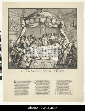 Cartoon on the Fall of the Catholic Church in England, 1689, 1689 print Cartoon on the Fall of the Catholic Church in England with the flight of Jacobus, 1688–1689. Die Kirche in Form einer jungen Nonne, die auf ihrem Sterbebett liegt, umgeben von vielen trauernden Menschen. Rechts der Papst, am Kopf und Fuß des Bettes König und Königin, mehr Geistliche. Unter der Abbildung ist ein Vers in 3 Spalten mit einer Aussage der Zahlen 1-8 in Niederländisch gezeigt. Nordniederländische Papierätzung/Buchdruck im Bundesstaat Stockfoto