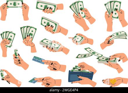 Hände, die einen Geldsatz halten. Waffen mit Münzen, Banknoten, Bankkarte, Zahlen, Zählen. Illustration des Finanzierungsvektors für Finanzierungen, die Bargeld-Banknoten halten Stock Vektor