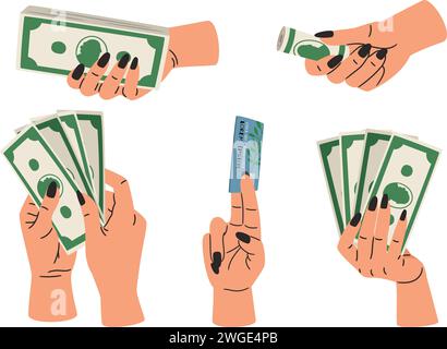 Hände, die Geld halten. Waffensatz mit Banknoten, Bankkarte. Illustration des Finanzvektors der Banknote in Arm, Geldinvestitionsbestand Stock Vektor