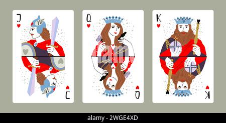 König, Königin, Herz-Jack. Spielkartensatz des roten Glücksspielsymbols auf Spielkarte für Poker und Blackjack, Vektorillustration Stock Vektor