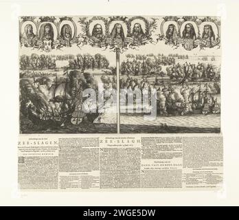 Die beiden Seeschlachten auf Schoonevelt, 1673, 1673, drucken die beiden Seeschlachten vor der Küste Zeelands auf der Ebene von Schoonevelt am 7. Und 14. Juni 1673. Die Streiks zwischen der Flotte der Republik unter de Ruyter und der englischen und französischen Flotte unter Prinz Rupert und Graaf Jean d’Estrées. In den Top neun Medaillons mit Porträts des französischen Königs Ludwig XIV., des Dauphin und Admiraal d’Estrées, des niederländischen Prinzen Willem und Admiralen de Ruyter und Tromp sowie des englischen Königs Karl II. Und Admirals Herzog von York (des späteren Königs Jacobus II.) und des Prinzen Ruprecht. Teilen Sie die Show mit einem vertikalen Ba Stockfoto