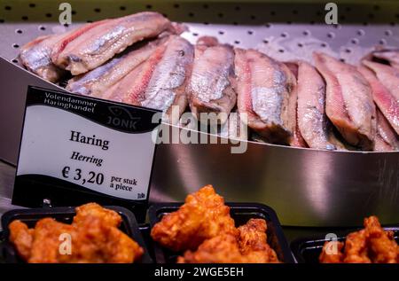 Amsterdam, Niederlande, 20. November 2022. Berühmter holländischer Snack, rohe Heringsfilets, die mit Preisschildern in einer lokalen Essenstheke in Amsterdam aufgereiht werden. Stockfoto