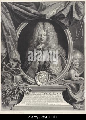 Portret van Philipp Ludwig Wenzel von Sinzendorf, Bernard Picart, nach Hyacinthe Rigaud, 1713 Druck Porträt von Philipp Ludwig Wenzel, Graf von Sinzendorf, mit der Kette des Ordens vom Goldenen Vlies um den Hals. In der Mitte seines Wappens. Um das Porträt de Caduceus und Petasus herum, ein Olivenzweig, eine Sphinx und eine Kugel. Amsterdamer Papierätzung / Gravurattribute von Quecksilber: Petasus. Caduceus (Stab mit zwei Schlangen, Merkmal Quecksilber). sphinx (Löwe/Frau); „Sfinge“ (Ripa). Ritterorden des Goldenen Vlieses - Insignien eines Ritterordens, z. B.: Abzeichen, Kette (mit N Stockfoto